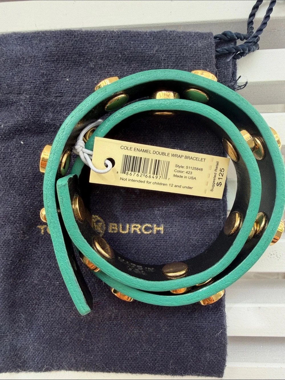 Tory Burch NWT Turquoise Double-Wrap Leather Bracelet with Gold-Tone Studs